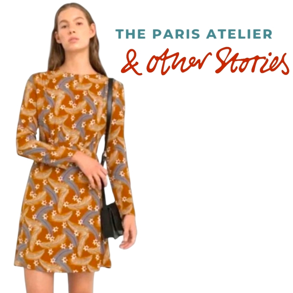 Paris Atelier x & Other Stories Fall Hue Floral Feather Print Bodycon Dress Sz 2